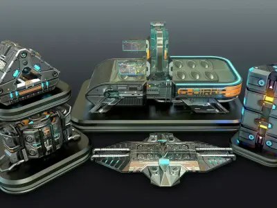 Sci Fi devices - Cyberpunk Automation  - low poly - 3D Model Pack