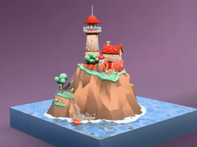 Cartoon low-poly lighthouse on a rocky island Low-poly 3D model