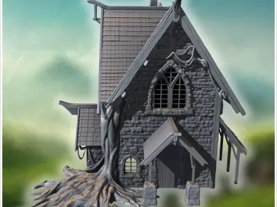 Small chapel with stone walls large stained glass window and woo 3D print model