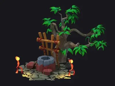 Cartoon well  stone well  water vine tree fence 3D model