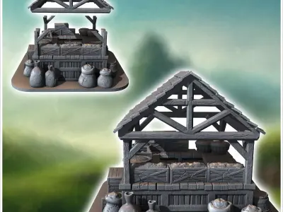 Wooden market stall with barrels crates and a slanted roof displ 3D print model