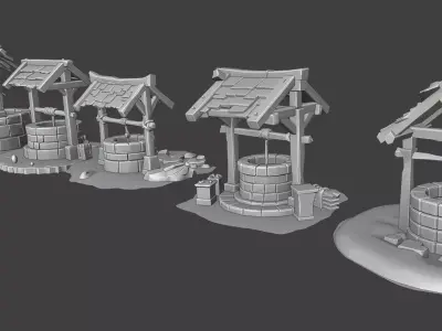 Stylized Medieval Wells Low-poly 3D model