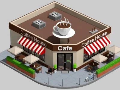 Low Poly Corner Coffee Shop exterior interior Low-poly 3D model