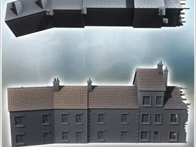 Set of four attached European ruined houses with chimneys and ro 3D print model