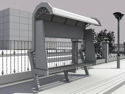 Unique Exterior Bench - with pavement and lamps Low-poly 3D model