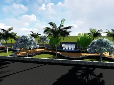 Landscape lit pathway with palm trees Low-poly 3D model