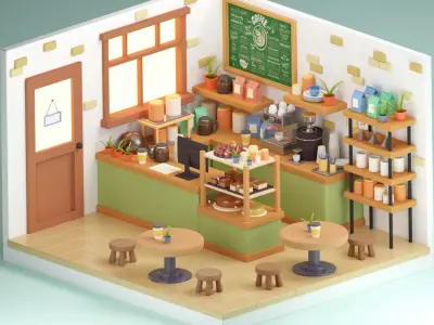 Stylized Isometric Coffee Shop Interior 3D Model Cozy Cafe Scene 3D model