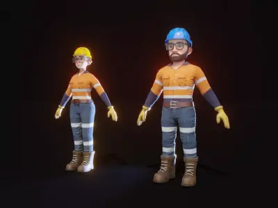Stylized Male and Female Worker 3D Model Game Ready Low-poly 3D model