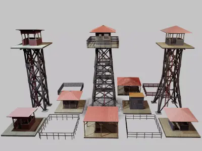 Watchtowers set Low-poly 3D model