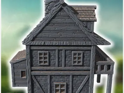 Half-timbered medieval house with a large balcony stone foundati 3D print model