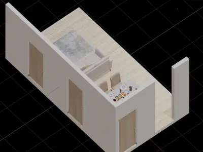 Isometric Dining Living Room With Wood Floor 3D model