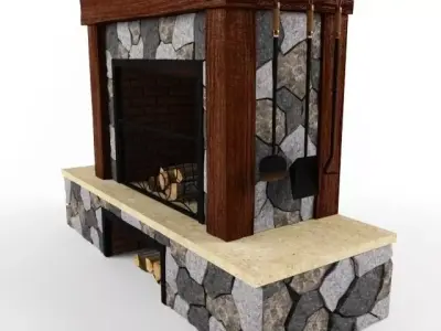 Fireplace with wood and stone 3D model