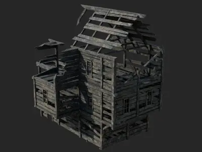 Burned and ruined Wooden Buildings Low-poly 3D model
