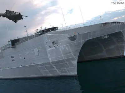 Military Catamaran Vessel with Helicopter on Water 3D model