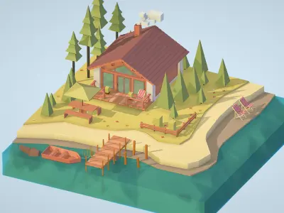 isometric old hunting lodge on the river Low-poly 3D model