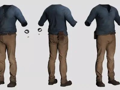 Realistic Male Casual Outfit - Blue Henley Brown Chinos Low-poly 3D model