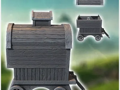 Wooden caravan with a small rooftop window stairs and wagon whee 3D print model