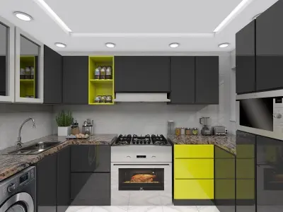 Black kitchen in yellow Free 3D model