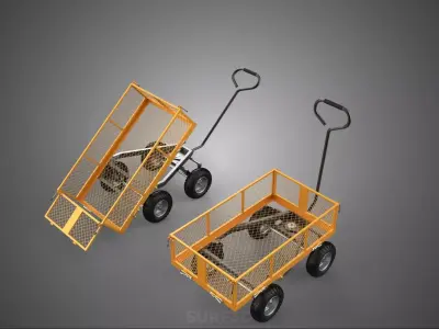 YELLOW ORANGE FOUR WHEELED WIREMESH NET CAGE CART WAGON TILT BED 3D model