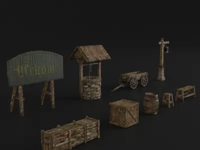 OLD MEDIEVAL PROPS ASSET AND GROUND TILEABLE Low-poly 3D model