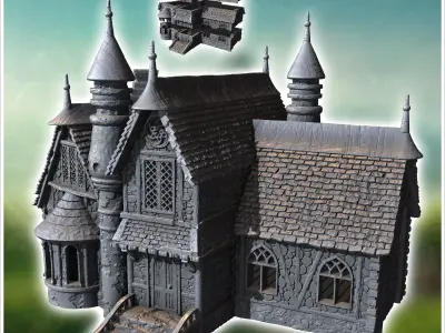 Large medieval manor house with entrance staircase and multiple  3D print model