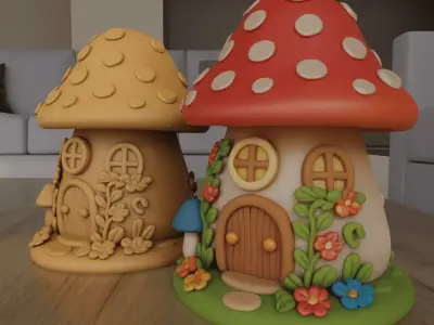 Cute Clay Style Mushroom Fairy House STL for 3D Printing 3D print model