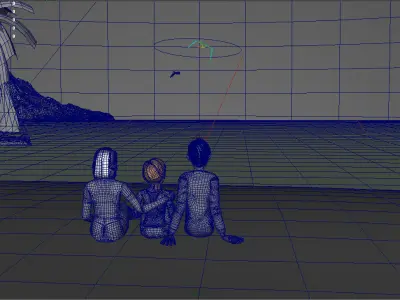The family is watching the sunrise at the seaside 3D model