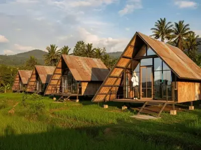 Rust Metal A-Frame Cabin on Stilts-Tropical Modern Shelter Low-poly 3D model