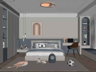Modern Kids Bedroom with Study Nook and Playful Decor 3D model