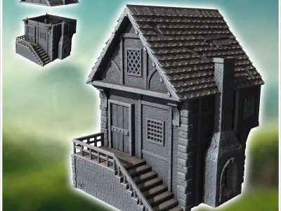 Medieval house with outdoor fireplace half-timbered walls and ac 3D print model