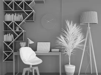 Workplace home office with bookshelves Low-poly 3D model