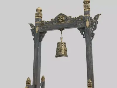 Ancient Asian architectural copper bells and torii gates 3D model