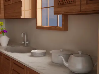 Kitchen with wooden cabinets and bar stools 3D model