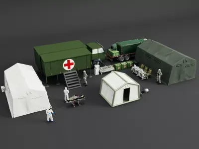 Army Medic Camp Tent Red Cross Truck Medical Props Pack Low-poly 3D model