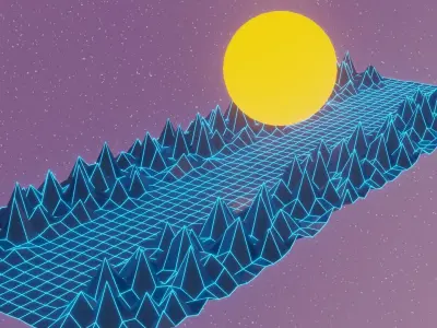 Cybermounts futuristic landscape with mountains and sun Low-poly 3D model