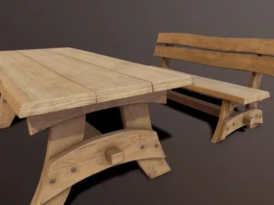 Outdoor table and bench low poly Low-poly 3D model