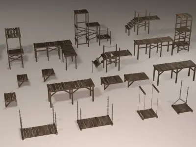 Wooden platforms modular collection Low-poly 3D model