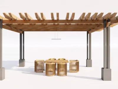 Modern Wood Pergola with Metal Supports and Dining Set Low-poly 3D model