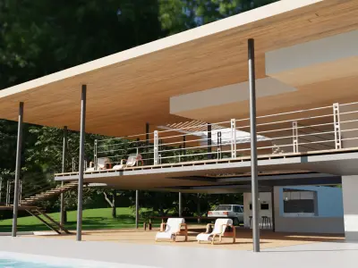 Modern Open House in Forest 3D Scene Low-poly 3D model