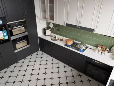 Modern Classic U-Shaped Kitchen with Appliances 3D model