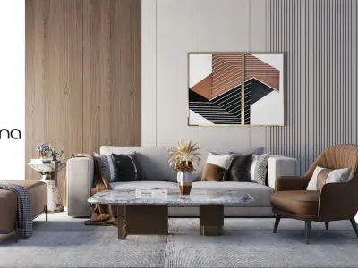 Seating set living room with furniture and art 3D model