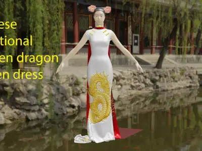 Chinese traditional embroidery golden dragon queen party dress Low-poly 3D model