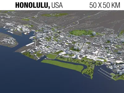 Honolulu 50x50km 3D City Map 3D model