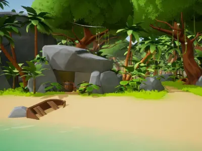 Stylized Tropical Island with Ruins Low-poly 3D model