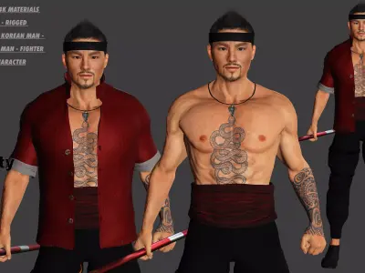 AAA 3D ASIAN FIGHTER KUNGFU MAN - REALISTIC RIG GAME CHARACTER Low-poly 3D model