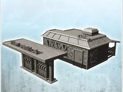Barricaded post-apocalypse gas station with pumps and signs 2 -  3D print model