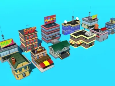 Sity street build cartoon low-poly stylized simple mobile  Low-poly 3D model