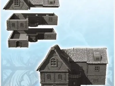 Medieval house with balcony and mixed thatch and slate roof 23 - 3D print model