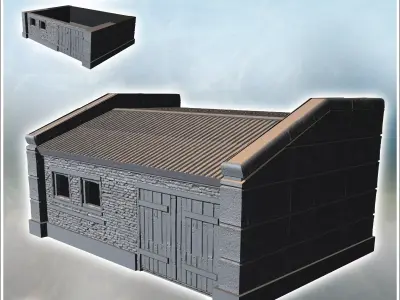 Single-story stone building with corrugated roof and small windo 3D print model