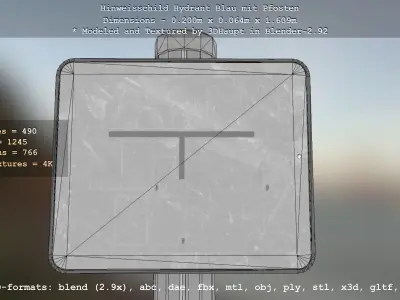 Hinweisschild Hydrant blau mit Pfosten und Rahmen Low-poly 3D model